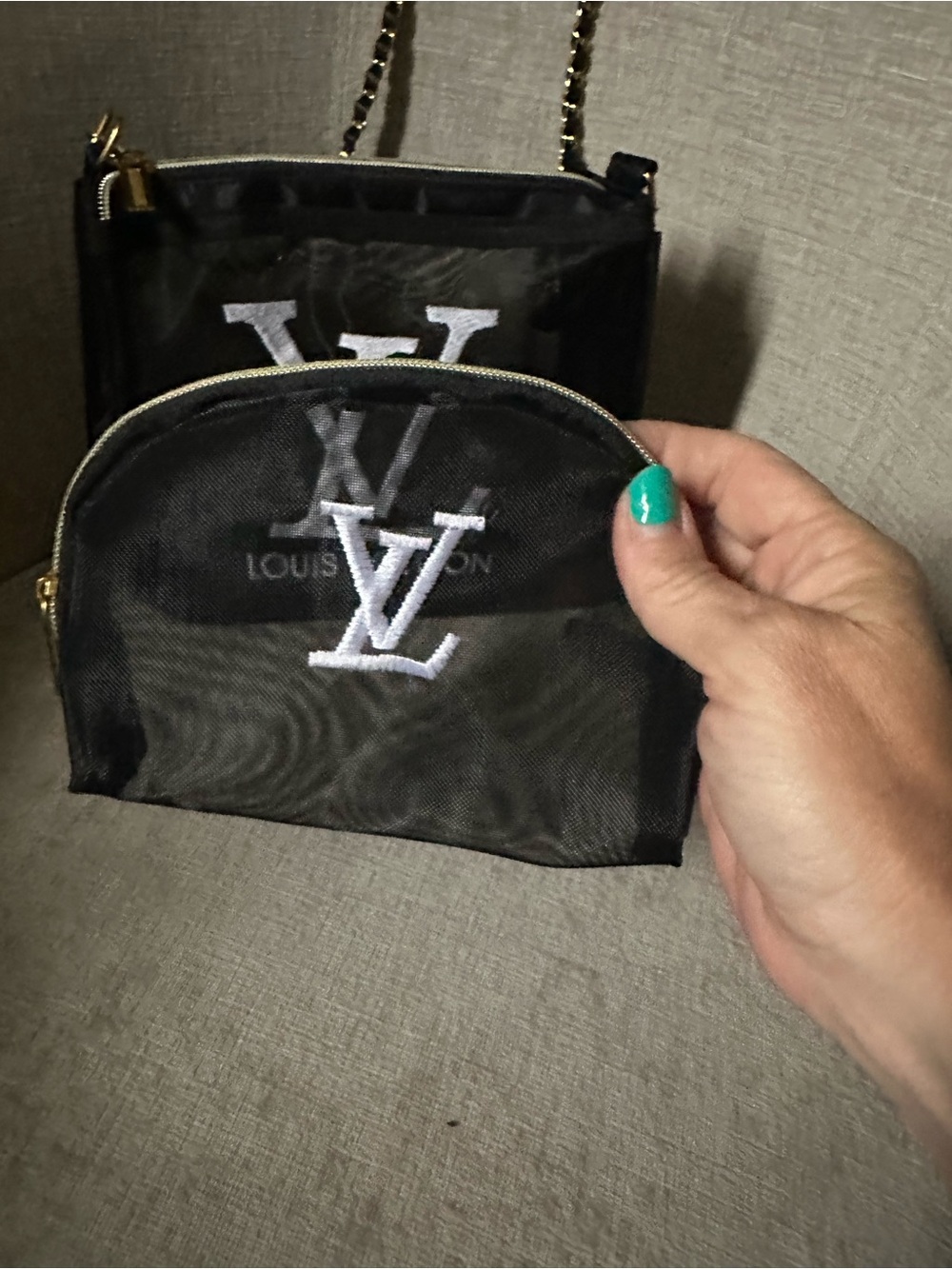 Black Nylon Sheer with White LV Logo and Gold Chain - Picture 4 of 7